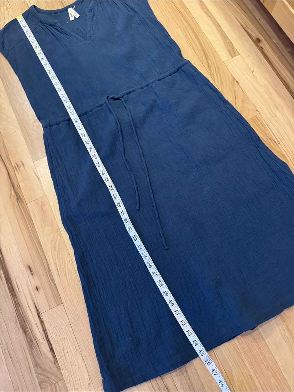 Pact Organic Cotton Navy Blue Scoop Gauze Neck Midi Dress with Waist Tie M - Picture 6 of 8